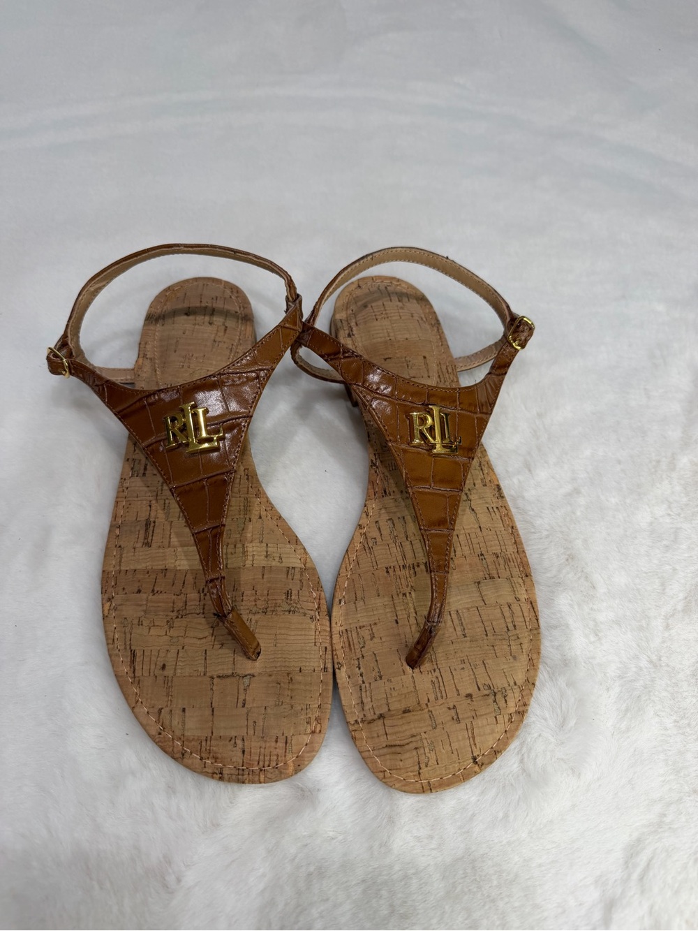 Ralph Lauren Cognac Croc-Embossed T-Strap Sandals with Gold RL Logo Size 8.5